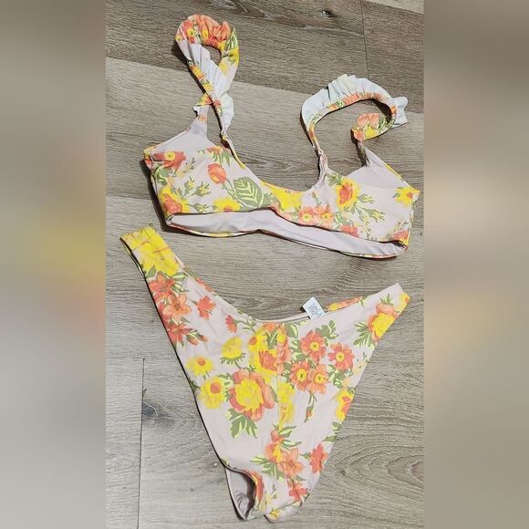 Aerie 2 Piece Swim Bikini Set Sz Medium Retro Floral Top Cheeky Bottom - Picture 3 of 6